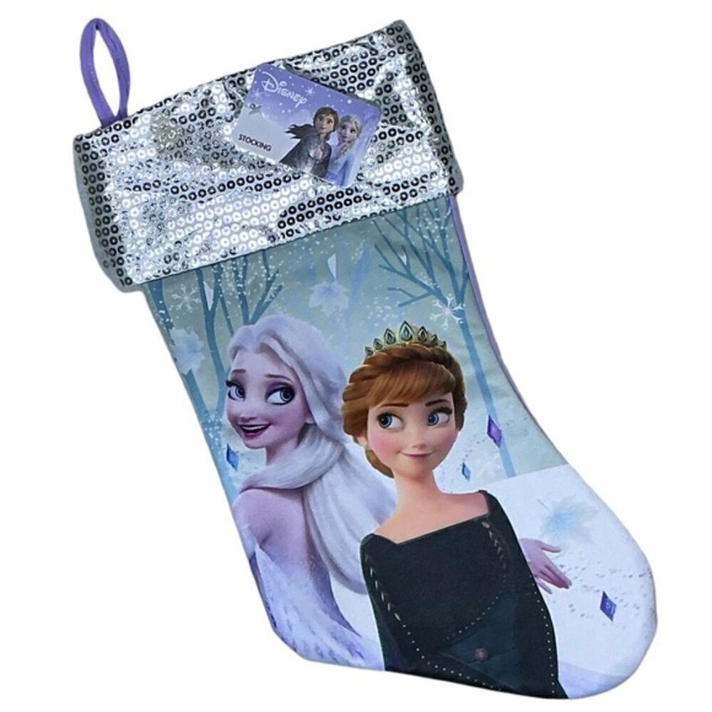 Christmas Stocking Elsa & Anna Disney Frozen Shiny Silver Cuff Lavender 17 in